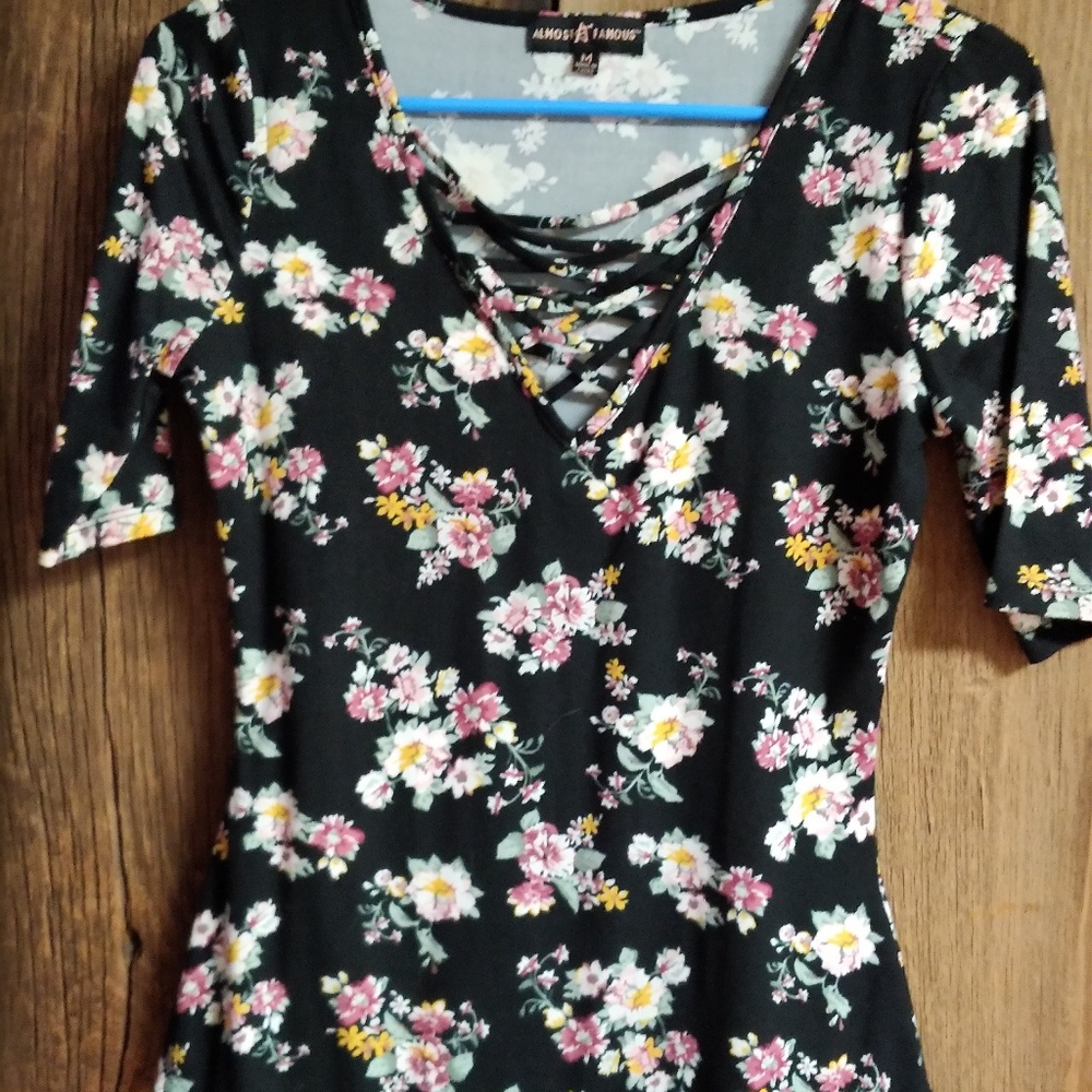Floral and Black Blouse with Lacing Detail